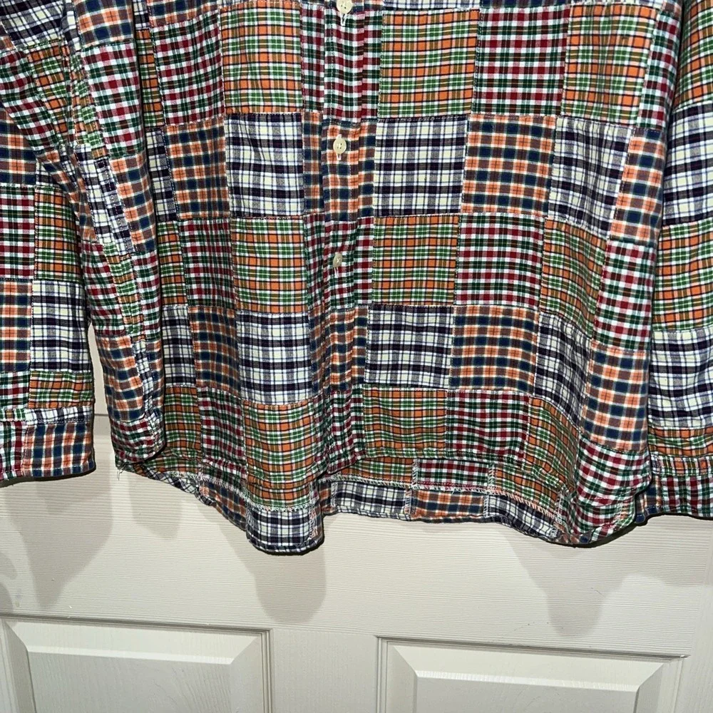 Vtg J. Crew Oarsman Multicolor Patchwork Madras Plaid Button Down Shirt Men XL